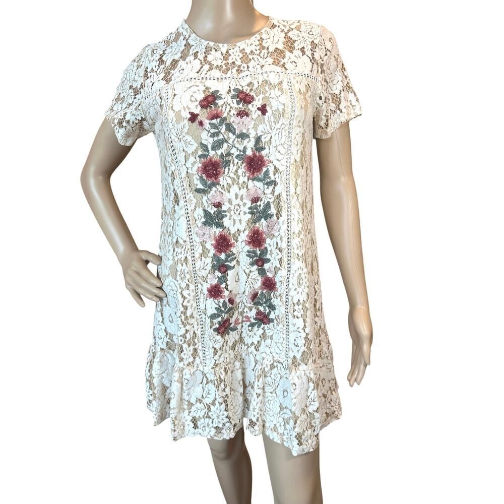Mi Ami Ivory Lace Overlay Embroidered Floral Bridal Fairy Romantic Dress Size XS